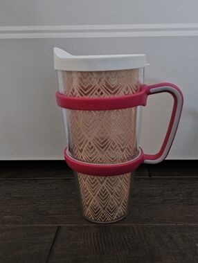 Tervus 24 oz Double Insulated Tumbler Geometric Pattern w/ Pink Carrying Handle